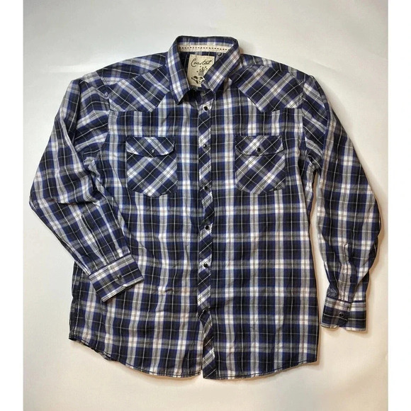 Coastal Plaid Black Blue White Pearl Snap Button Up Men’s Size 2XL - Picture 1 of 8